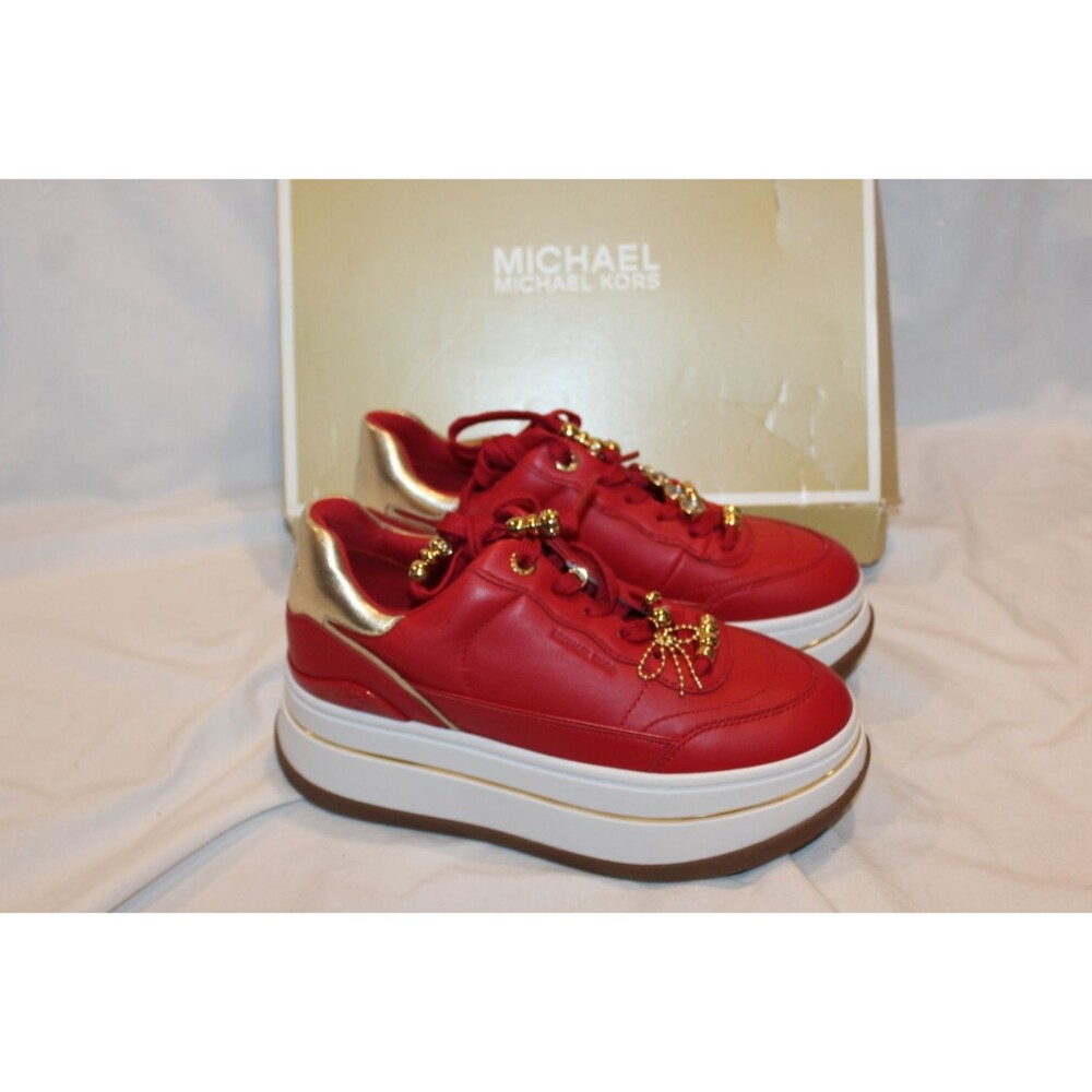 Michael Kors Women Hayes Platform Leather Lace Up Sneakers Crimson Red 6.5 $175